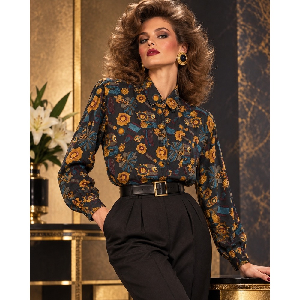 intage 80s Compagnie Internationale EXPRESS Silk Celestial Sunburst Blouse